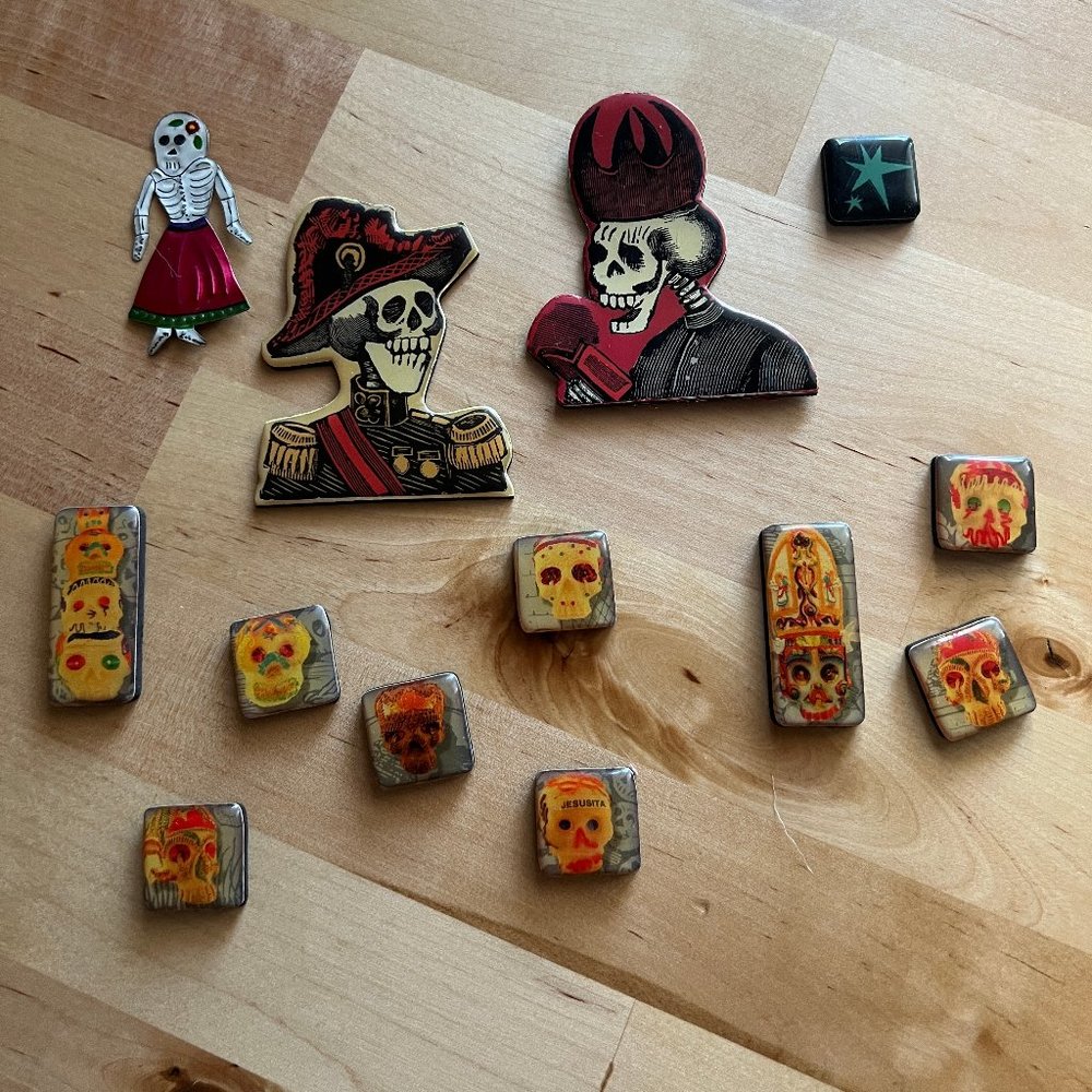 Day of the Dead Fridge Magnet Collection PLUS Green Mesh Magnetic Fridge Basket